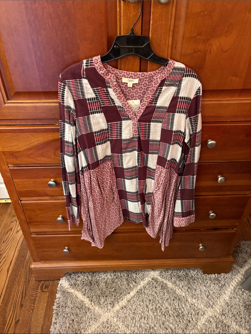 Women's Maroon Plaid Mixed-Print Tunic Top